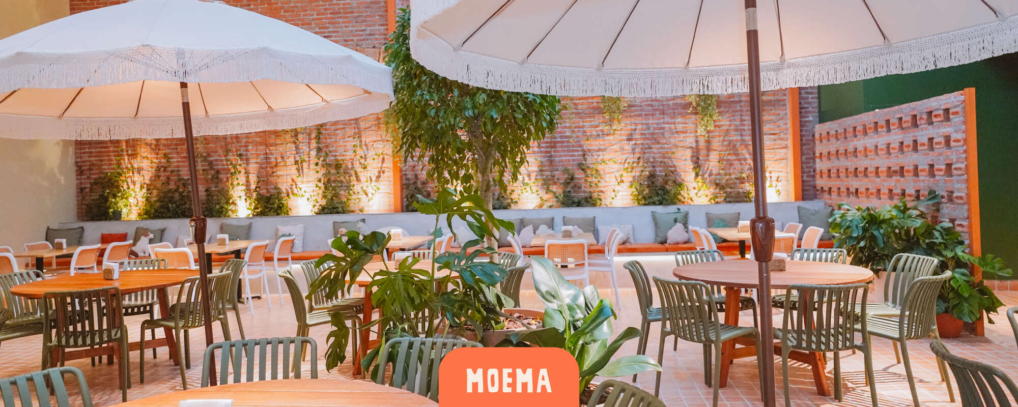 Cachola Moema - pátio externo com mesas de madeira, plantas e guarda-sóis com franjas ao entardecer
