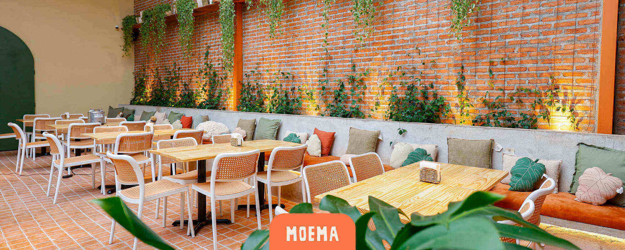 Cachola Moema - área externa com parede de tijolinho, plantas pendentes e banco com almofadas coloridas